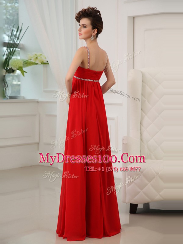 Red Chiffon Zipper Homecoming Party Dress Sleeveless Floor Length Beading and Ruching