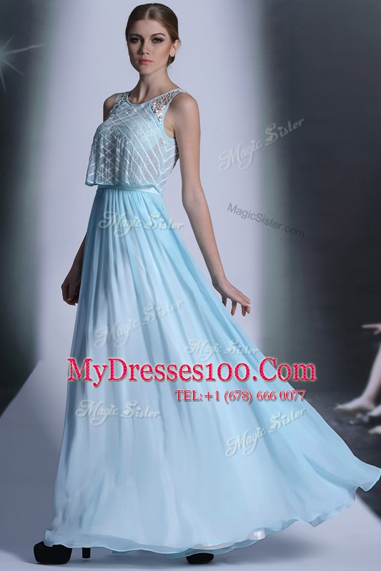Vintage Light Blue Side Zipper Scoop Lace Prom Gown Chiffon Sleeveless
