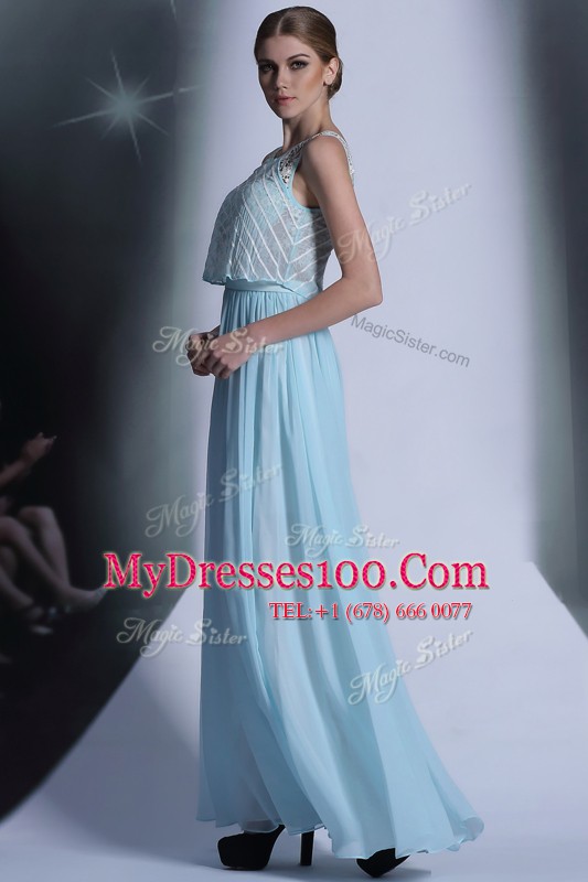 Vintage Light Blue Side Zipper Scoop Lace Prom Gown Chiffon Sleeveless