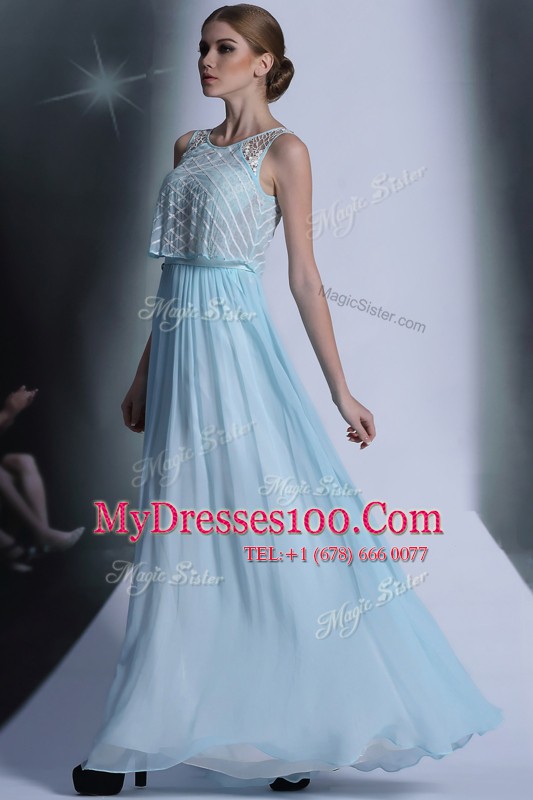 Vintage Light Blue Side Zipper Scoop Lace Prom Gown Chiffon Sleeveless