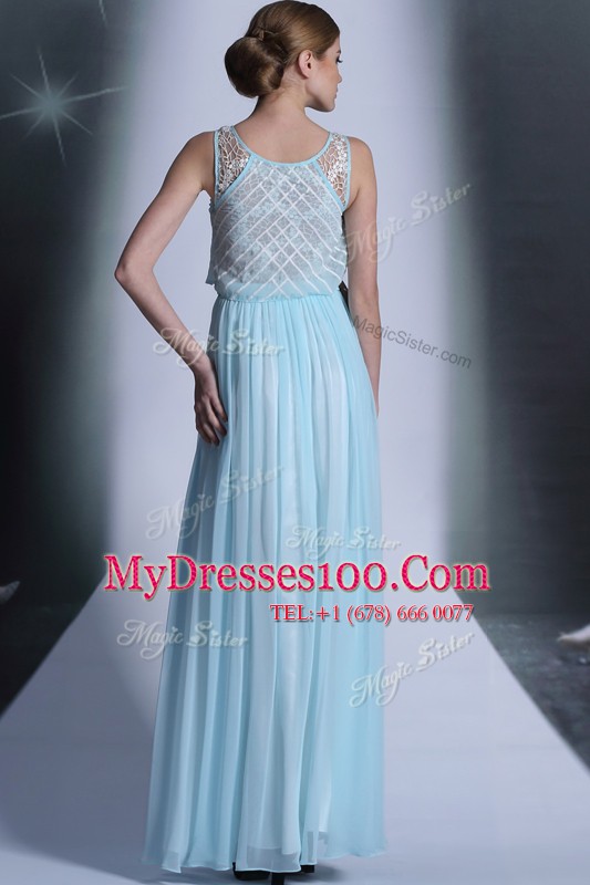 Vintage Light Blue Side Zipper Scoop Lace Prom Gown Chiffon Sleeveless