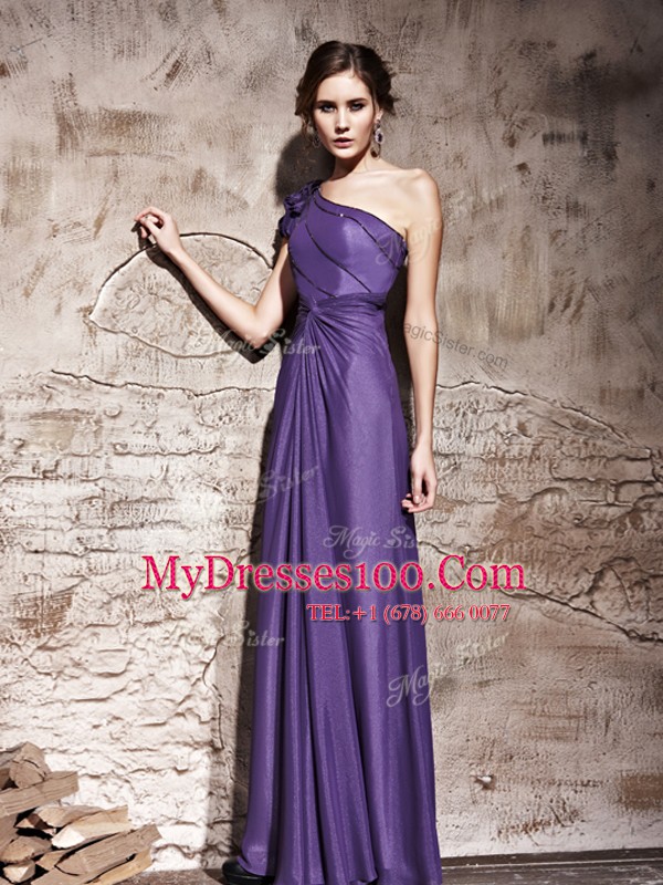 Purple Chiffon Side Zipper One Shoulder Cap Sleeves Floor Length Prom Dress Ruching