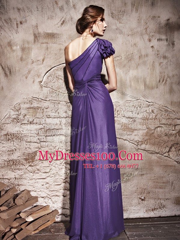 Purple Chiffon Side Zipper One Shoulder Cap Sleeves Floor Length Prom Dress Ruching
