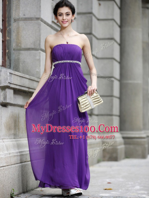Perfect Chiffon Strapless Sleeveless Zipper Beading Prom Dresses in Purple