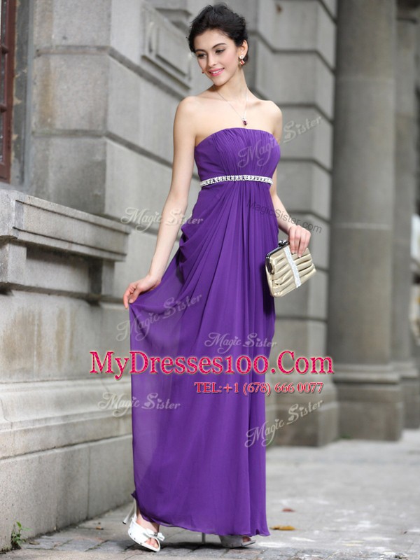 Perfect Chiffon Strapless Sleeveless Zipper Beading Prom Dresses in Purple