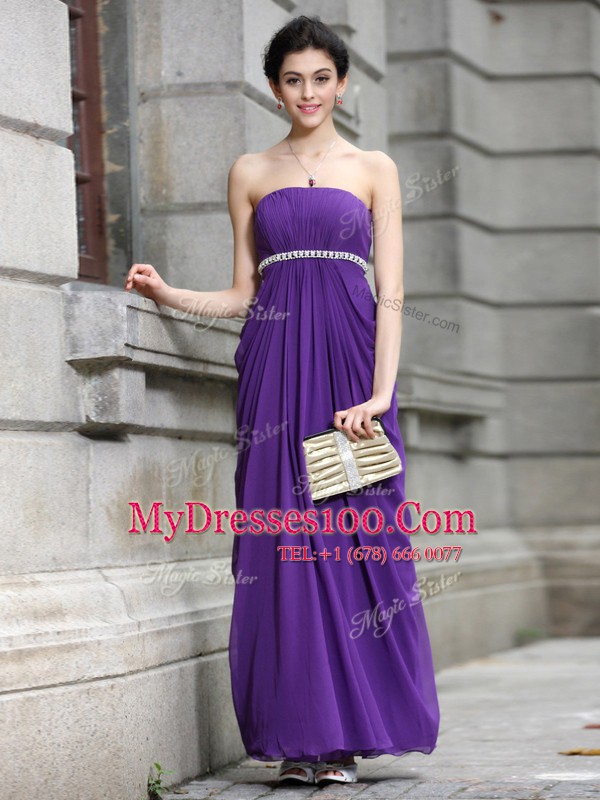 Perfect Chiffon Strapless Sleeveless Zipper Beading Prom Dresses in Purple