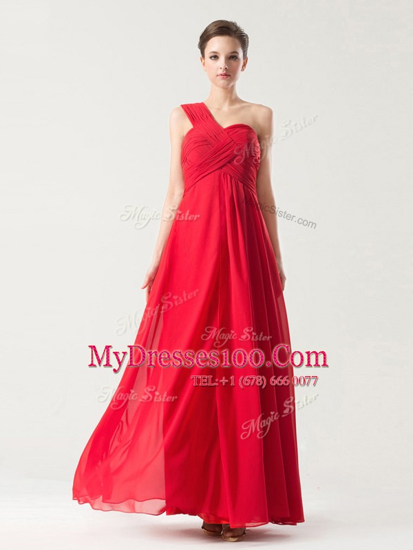 One Shoulder Ruching Mother Of The Bride Dress Red Zipper Sleeveless Floor Length