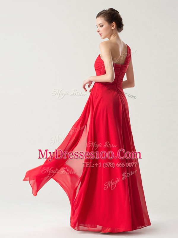 One Shoulder Ruching Mother Of The Bride Dress Red Zipper Sleeveless Floor Length