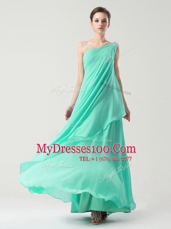 Perfect One Shoulder Turquoise Column/Sheath Beading and Ruching Side Zipper Chiffon Sleeveless Ankle Length