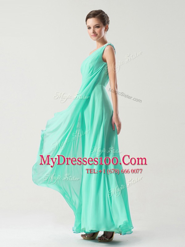 Perfect One Shoulder Turquoise Column/Sheath Beading and Ruching Side Zipper Chiffon Sleeveless Ankle Length