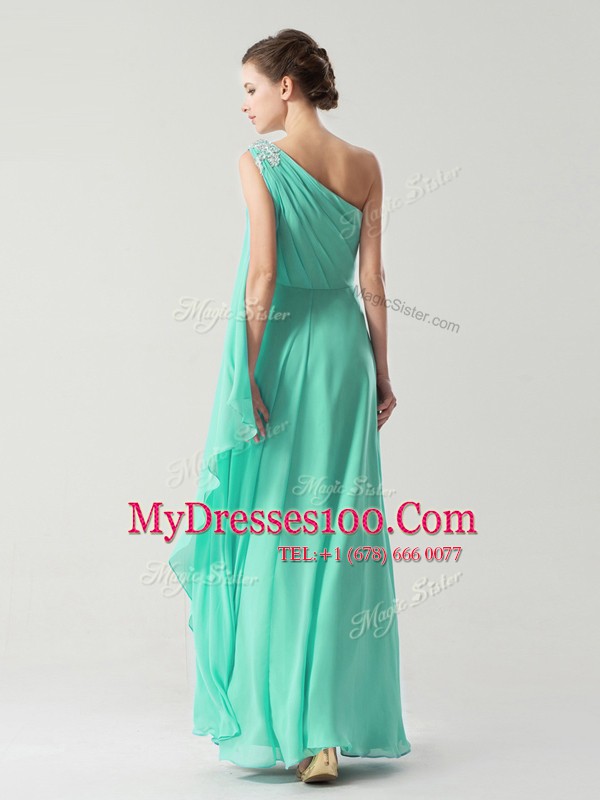 Perfect One Shoulder Turquoise Column/Sheath Beading and Ruching Side Zipper Chiffon Sleeveless Ankle Length