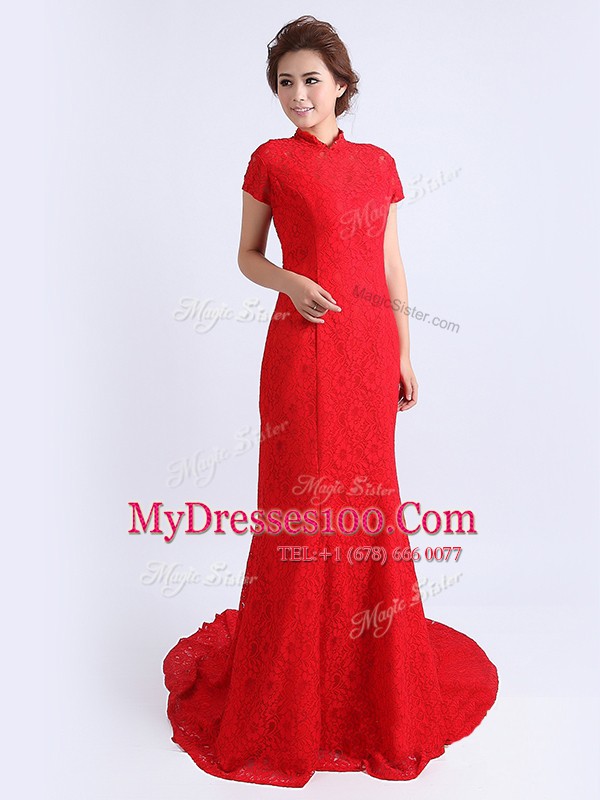 New Arrival Lace Prom Dresses Red Backless Cap Sleeves With Brush Train