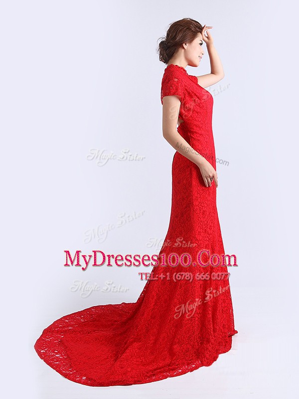 New Arrival Lace Prom Dresses Red Backless Cap Sleeves With Brush Train