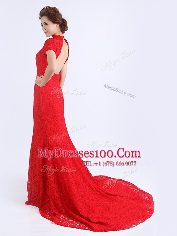 New Arrival Lace Prom Dresses Red Backless Cap Sleeves With Brush Train