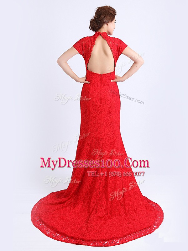 New Arrival Lace Prom Dresses Red Backless Cap Sleeves With Brush Train