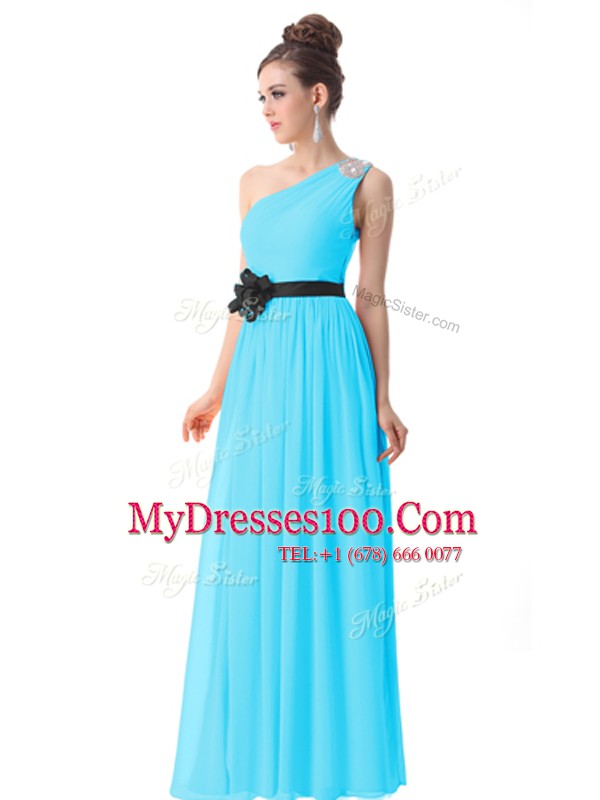 Cheap One Shoulder Blue Sleeveless Floor Length Beading and Ruching and Belt Side Zipper Mother Of The Bride Dress