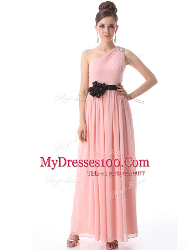 Cheap One Shoulder Blue Sleeveless Floor Length Beading and Ruching and Belt Side Zipper Mother Of The Bride Dress