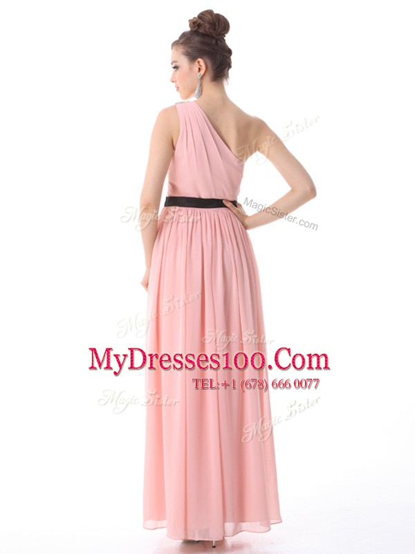 Cheap One Shoulder Blue Sleeveless Floor Length Beading and Ruching and Belt Side Zipper Mother Of The Bride Dress