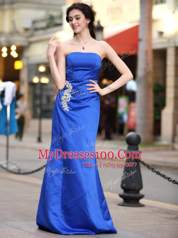Shining Blue Taffeta Zipper Prom Gown Sleeveless Floor Length Appliques and Ruching