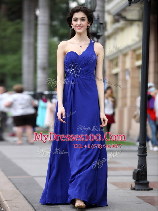 One Shoulder Beading and Ruching Prom Gown Royal Blue Side Zipper Sleeveless Floor Length