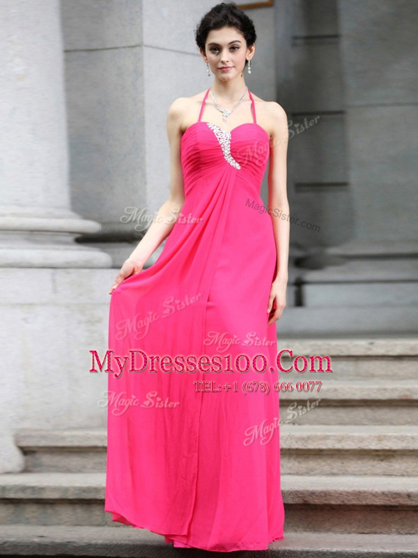 Customized Hot Pink Homecoming Dress Prom and Party and For with Beading Halter Top Sleeveless Zipper