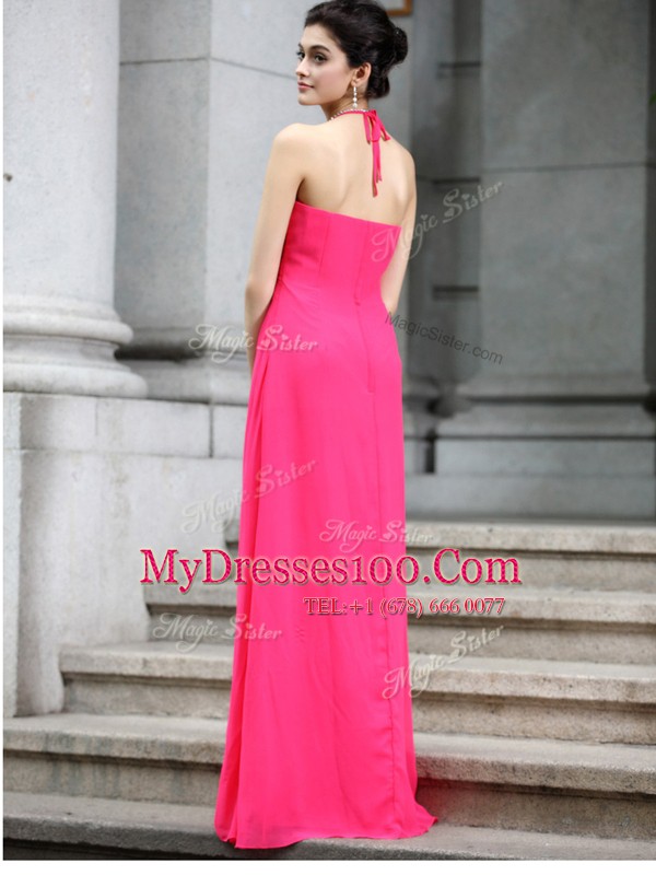 Customized Hot Pink Homecoming Dress Prom and Party and For with Beading Halter Top Sleeveless Zipper