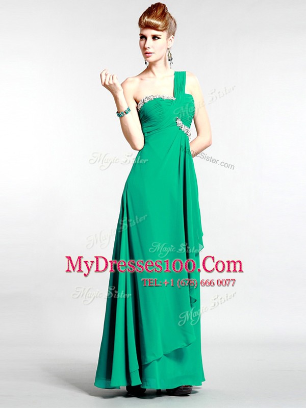 Green Column/Sheath One Shoulder Sleeveless Chiffon Floor Length Zipper Beading Prom Evening Gown