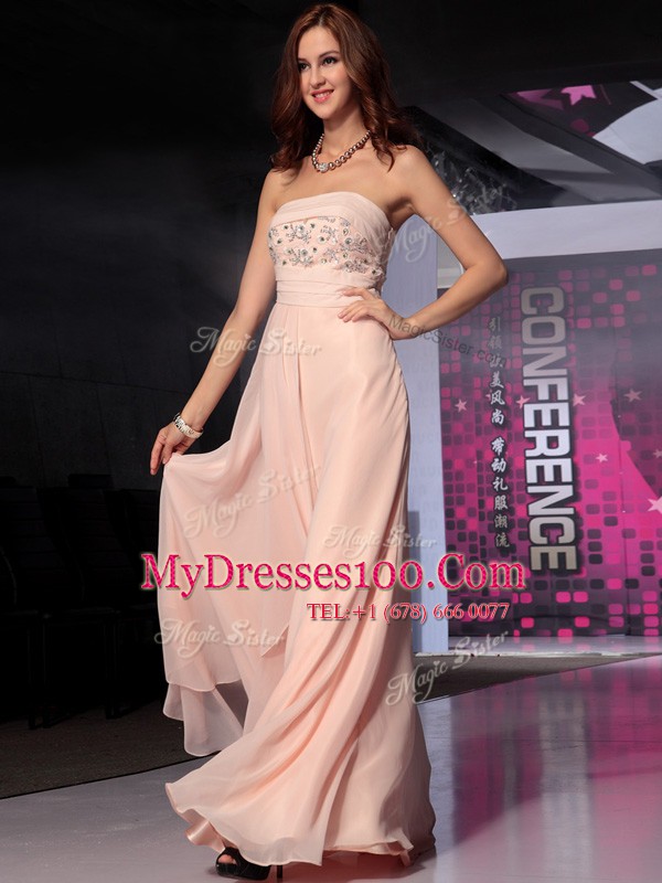 Traditional Sleeveless Floor Length Beading Side Zipper Evening Wear with Peach