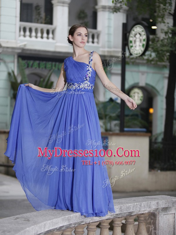 Customized One Shoulder Floor Length Blue Evening Dress Chiffon Sleeveless Hand Made Flower