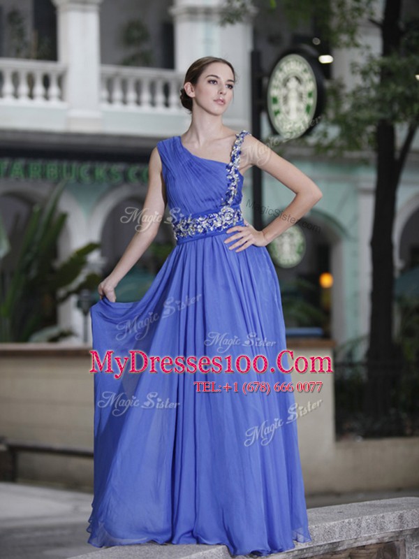 Customized One Shoulder Floor Length Blue Evening Dress Chiffon Sleeveless Hand Made Flower