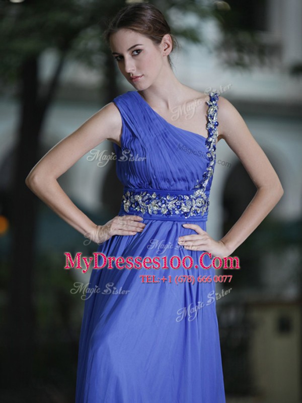 Customized One Shoulder Floor Length Blue Evening Dress Chiffon Sleeveless Hand Made Flower