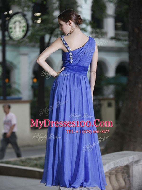 Customized One Shoulder Floor Length Blue Evening Dress Chiffon Sleeveless Hand Made Flower