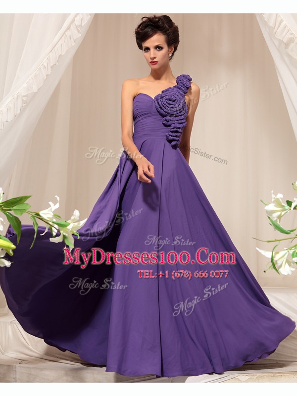 Delicate Purple Column/Sheath One Shoulder Sleeveless Chiffon Floor Length Side Zipper Hand Made Flower Mother Of The Bride Dress