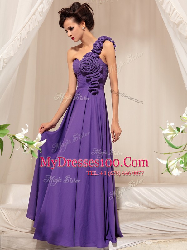 Delicate Purple Column/Sheath One Shoulder Sleeveless Chiffon Floor Length Side Zipper Hand Made Flower Mother Of The Bride Dress