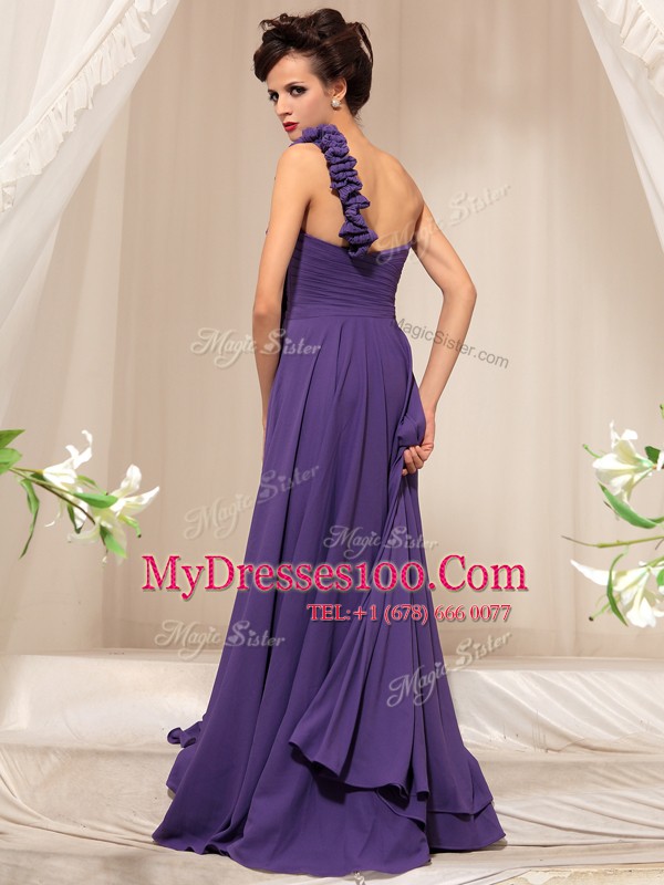 Delicate Purple Column/Sheath One Shoulder Sleeveless Chiffon Floor Length Side Zipper Hand Made Flower Mother Of The Bride Dress