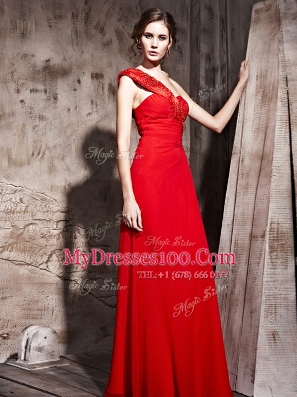 Modern Red Taffeta Side Zipper Evening Outfits Sleeveless Floor Length Beading