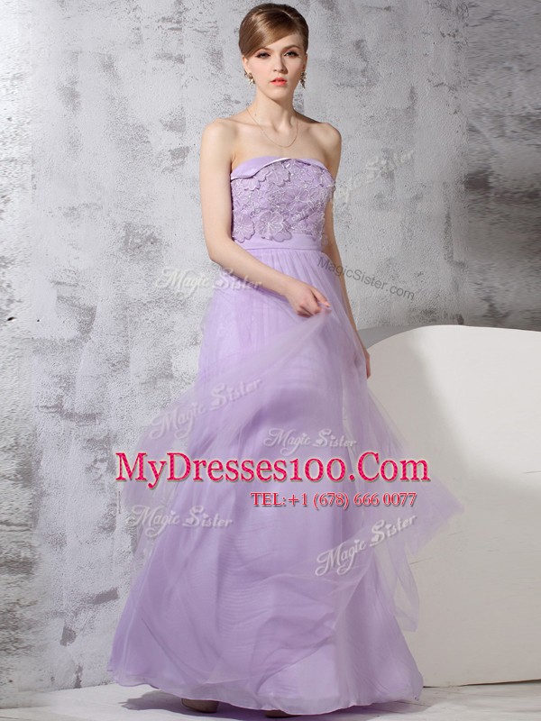 Strapless Sleeveless Dress for Prom Floor Length Lace Lavender Tulle