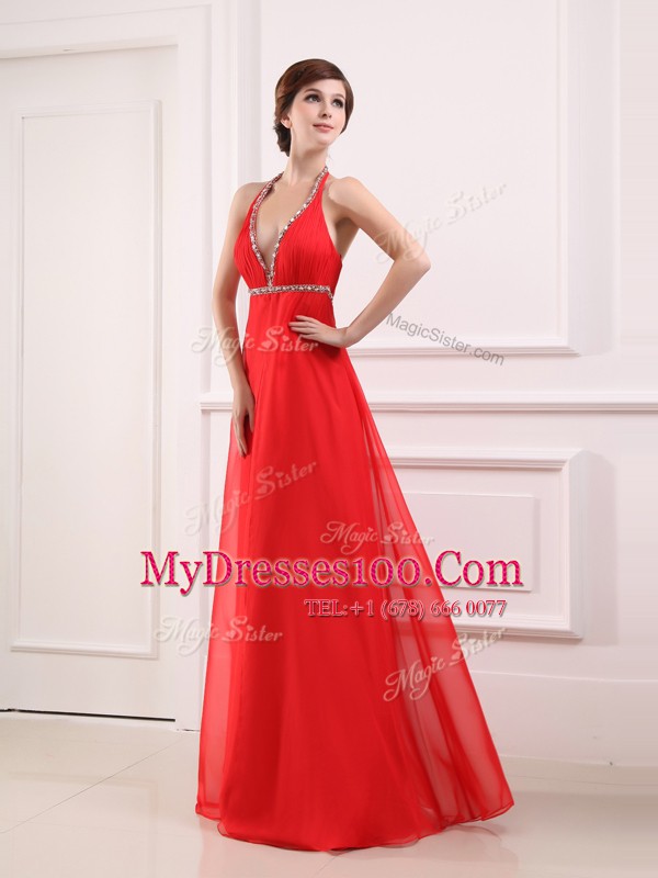 Cheap Halter Top Floor Length Column/Sheath Sleeveless Coral Red Prom Evening Gown Zipper