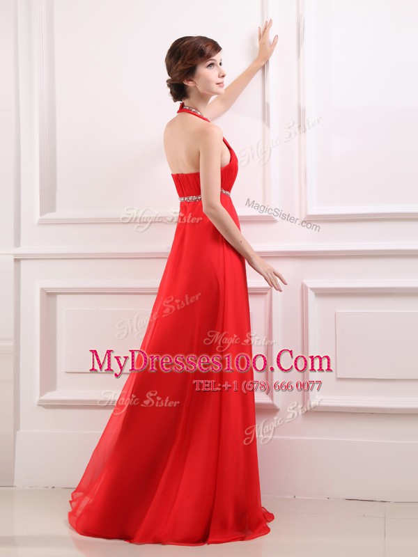 Cheap Halter Top Floor Length Column/Sheath Sleeveless Coral Red Prom Evening Gown Zipper
