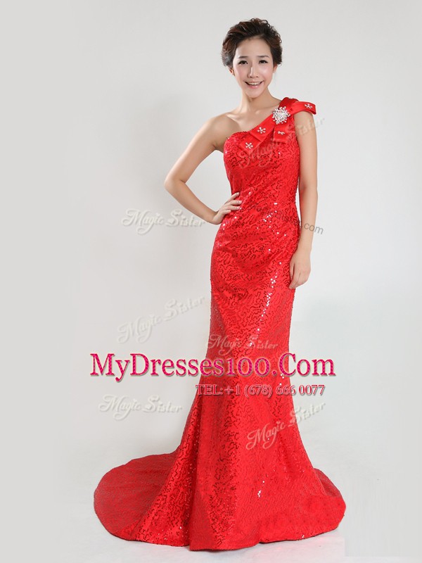 Sophisticated Sequins One Shoulder Sleeveless Sweep Train Zipper Mother Of The Bride Dress Coral Red Sequined