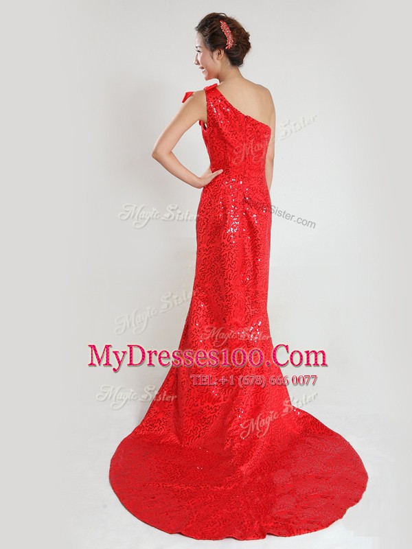 Sophisticated Sequins One Shoulder Sleeveless Sweep Train Zipper Mother Of The Bride Dress Coral Red Sequined