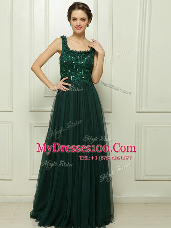 Luxurious Sweep Train Empire Prom Dresses Dark Green Square Tulle Sleeveless With Train Zipper