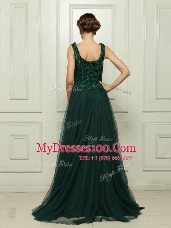 Luxurious Sweep Train Empire Prom Dresses Dark Green Square Tulle Sleeveless With Train Zipper