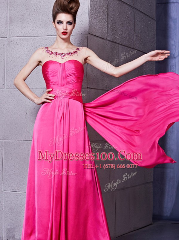 Ideal Sleeveless Floor Length Ruching Zipper with Hot Pink