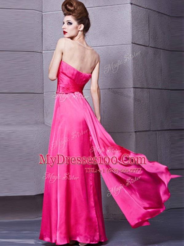 Ideal Sleeveless Floor Length Ruching Zipper with Hot Pink