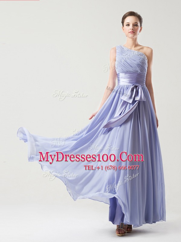 One Shoulder Chiffon Sleeveless Floor Length Mother Of The Bride Dress and Ruching and Bowknot