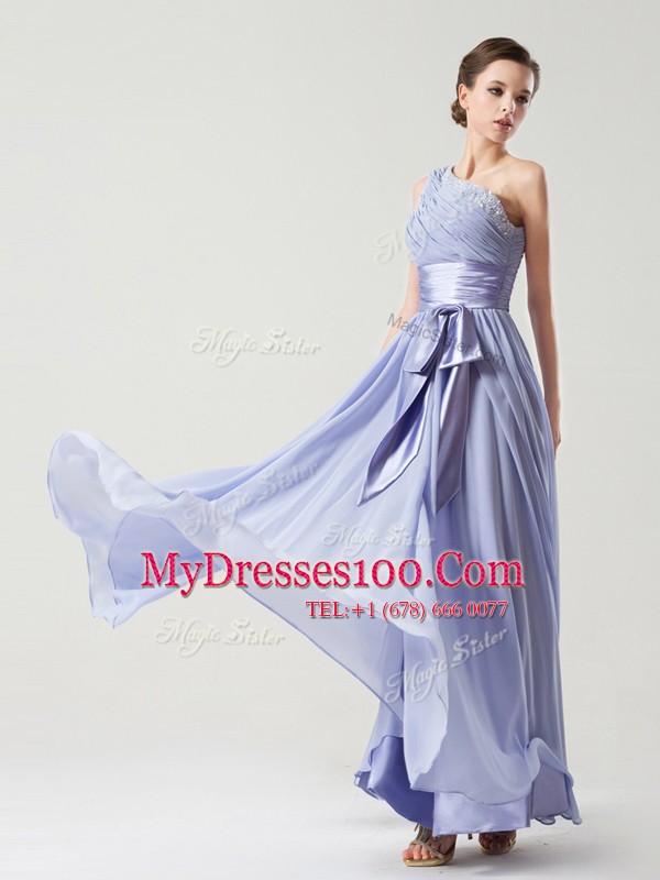 One Shoulder Chiffon Sleeveless Floor Length Mother Of The Bride Dress and Ruching and Bowknot