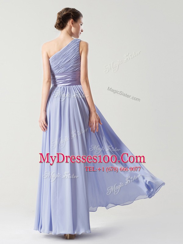 One Shoulder Chiffon Sleeveless Floor Length Mother Of The Bride Dress and Ruching and Bowknot