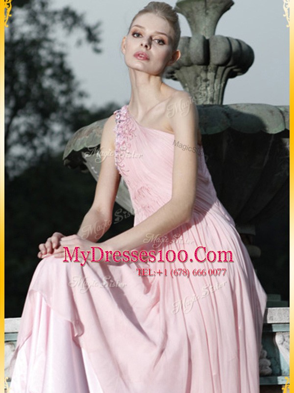 Amazing One Shoulder Baby Pink Side Zipper Prom Evening Gown Ruching and Hand Made Flower Sleeveless Floor Length