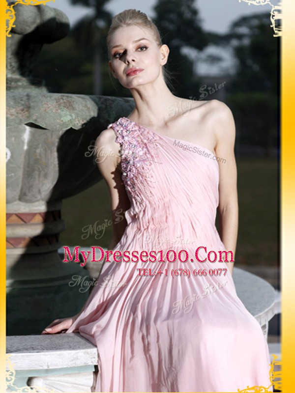 Amazing One Shoulder Baby Pink Side Zipper Prom Evening Gown Ruching and Hand Made Flower Sleeveless Floor Length